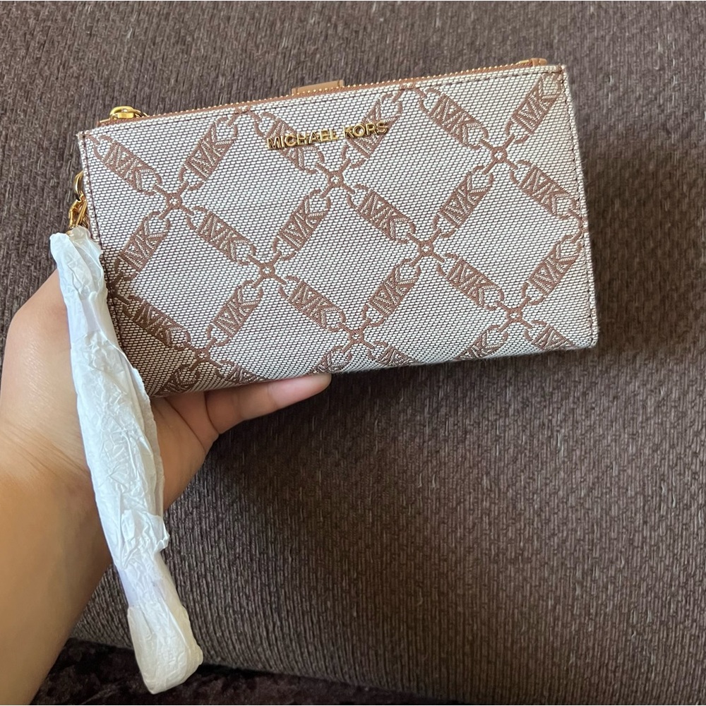 MICHAEL KORS Jet Set Empire Chain Logo Jacquard Double Zip Wristlet Wallet NWT